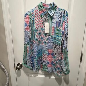 Shana Apparel Geo Print Button Up Shirt Tropical Palm Trees XS